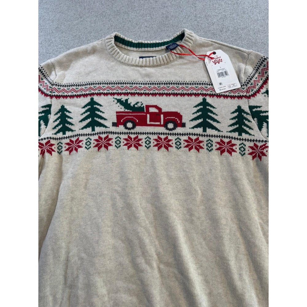 Chaps Christmas Sweater Mens L Oatmeal Heather New Red Truck Holiday Fair Isle - Picture 5 of 12